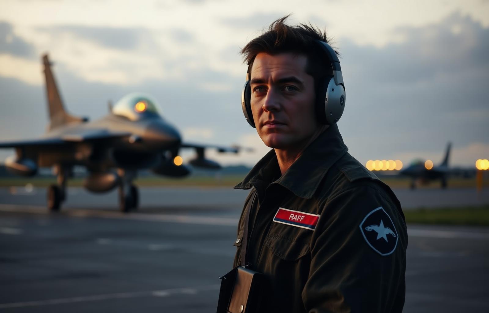 RAF ground crew with hearing protection beside fast-jet aircraft