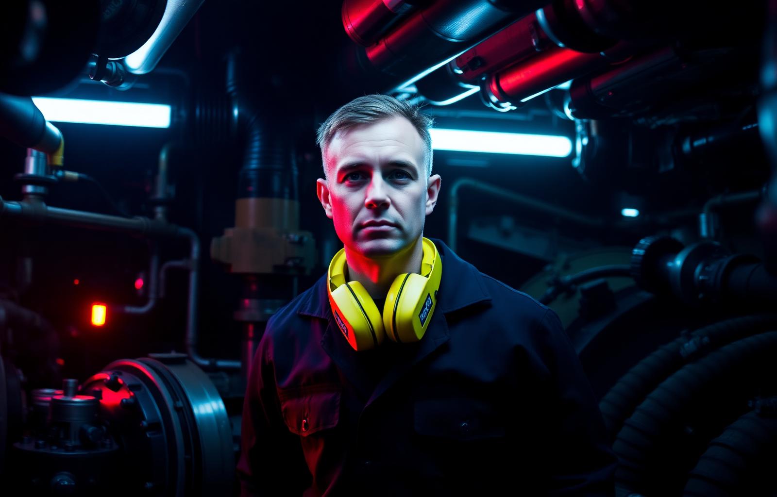 Royal Navy sailor in frigate engine room